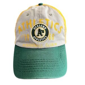 Vintage Oakland Athletics MLB Mesh Trucker Hat Adult Snapback Beige Green Yellow